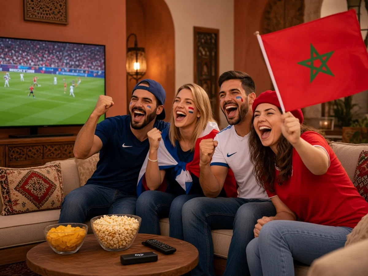Amis au Maroc devant un match IPTV, drapeau marocain à la main